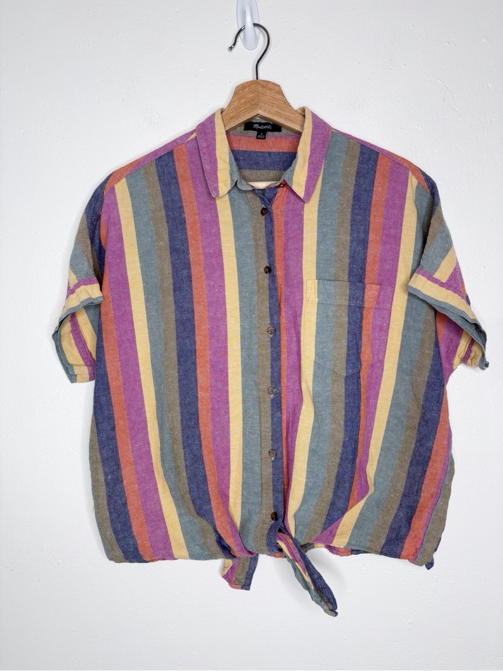 Madewell Vertical Rainbow Stripe  Tie Front Button Down Short Sleeve Shirt M EUC
